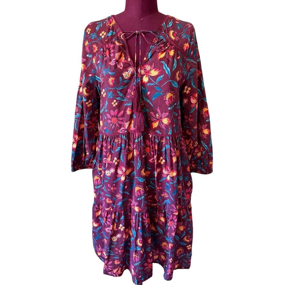 Sundance Mini Dress Tiered Floral Tassel Tie Boho Maroon Small